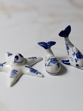 Miniature Delft style blue white ceramic sea creatures whale dolphin starfish